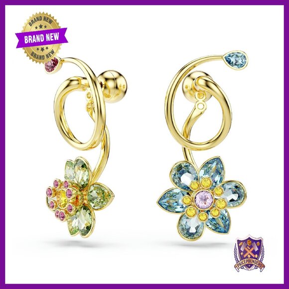 Asymmetrical Drop Earrings Gold-Tone Crystal Flowers Lever Back
